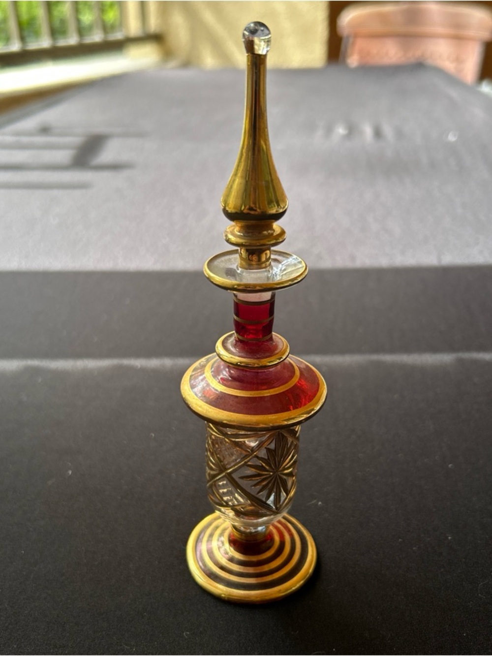 Vintage Hand blown Red And Gold egyptian Glass perfume bottle with stopper